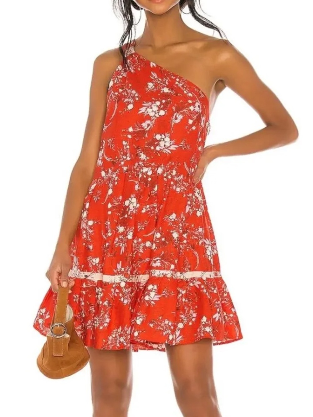 Free People All Mine One Shoulder Mini Dress Red Floral Linen Blend XS
